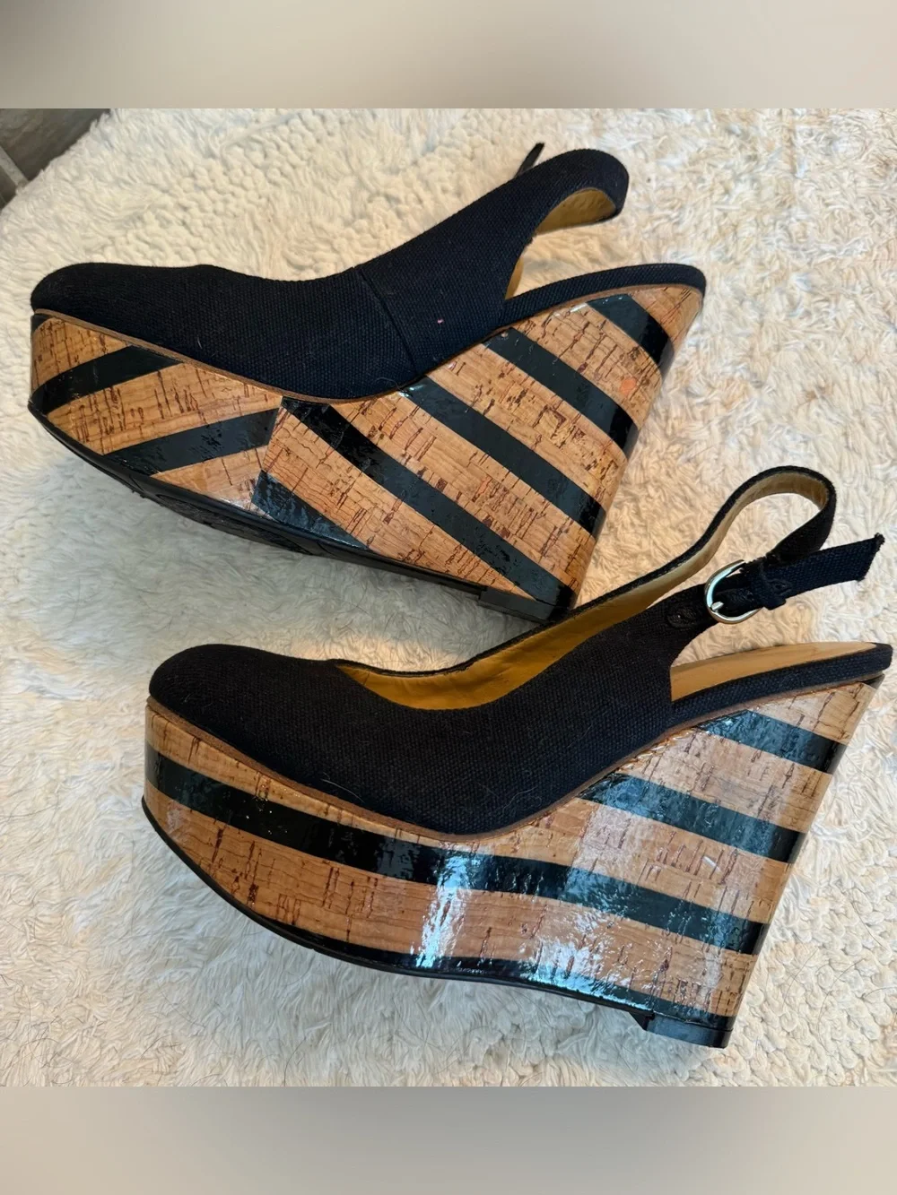 Nine West Black Fabric Slingback Wedges with Cork Stripe Platform